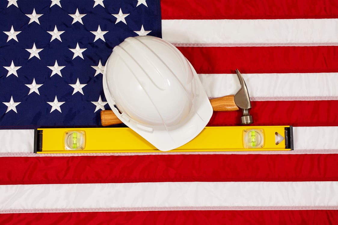 Construction Building Tools on American USA Flag concept